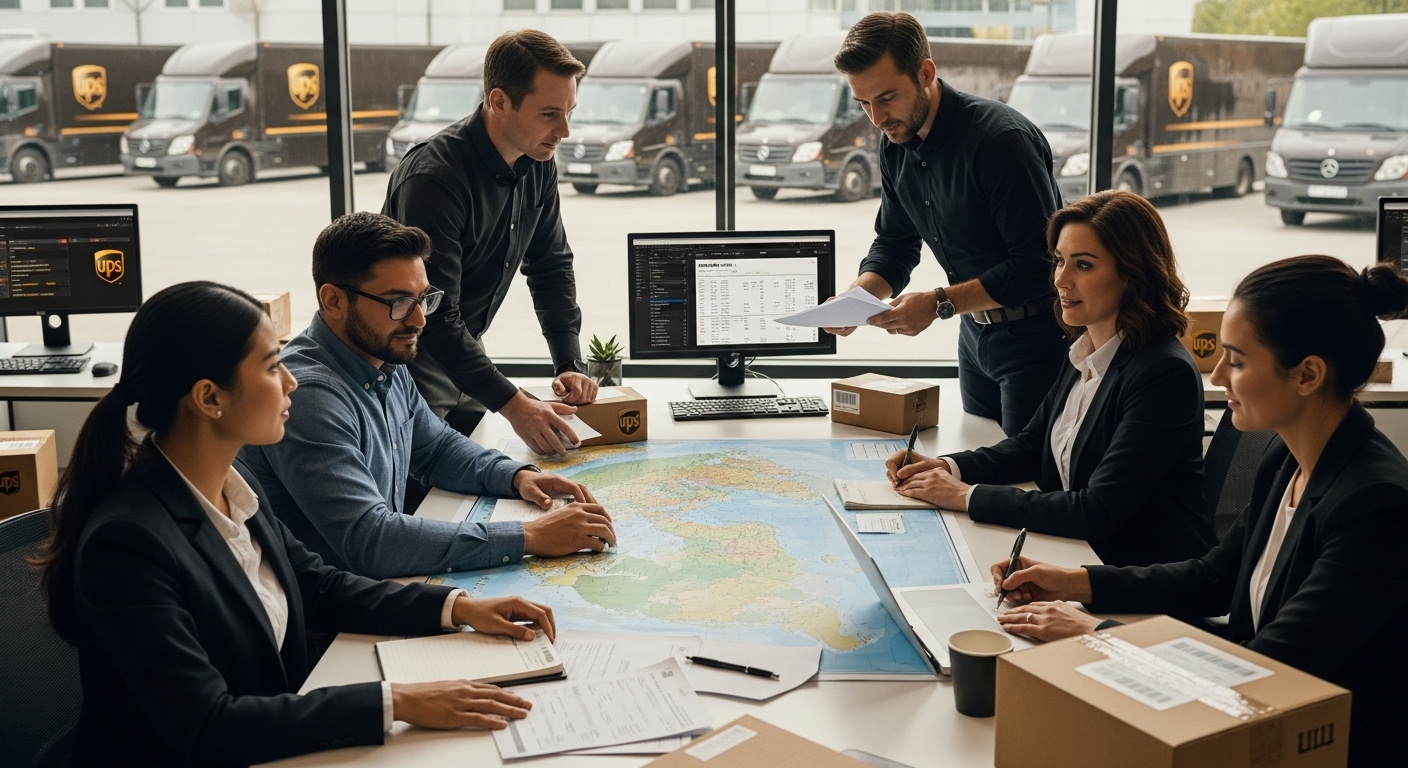 UPS international shipping, global logistics, teamwork