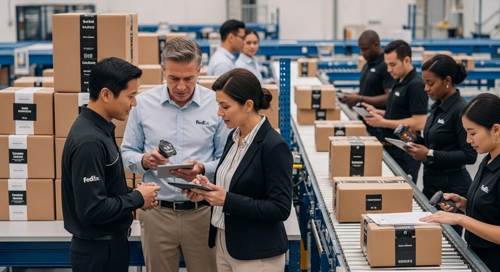 FedEx international shipping, global logistics, teamwork