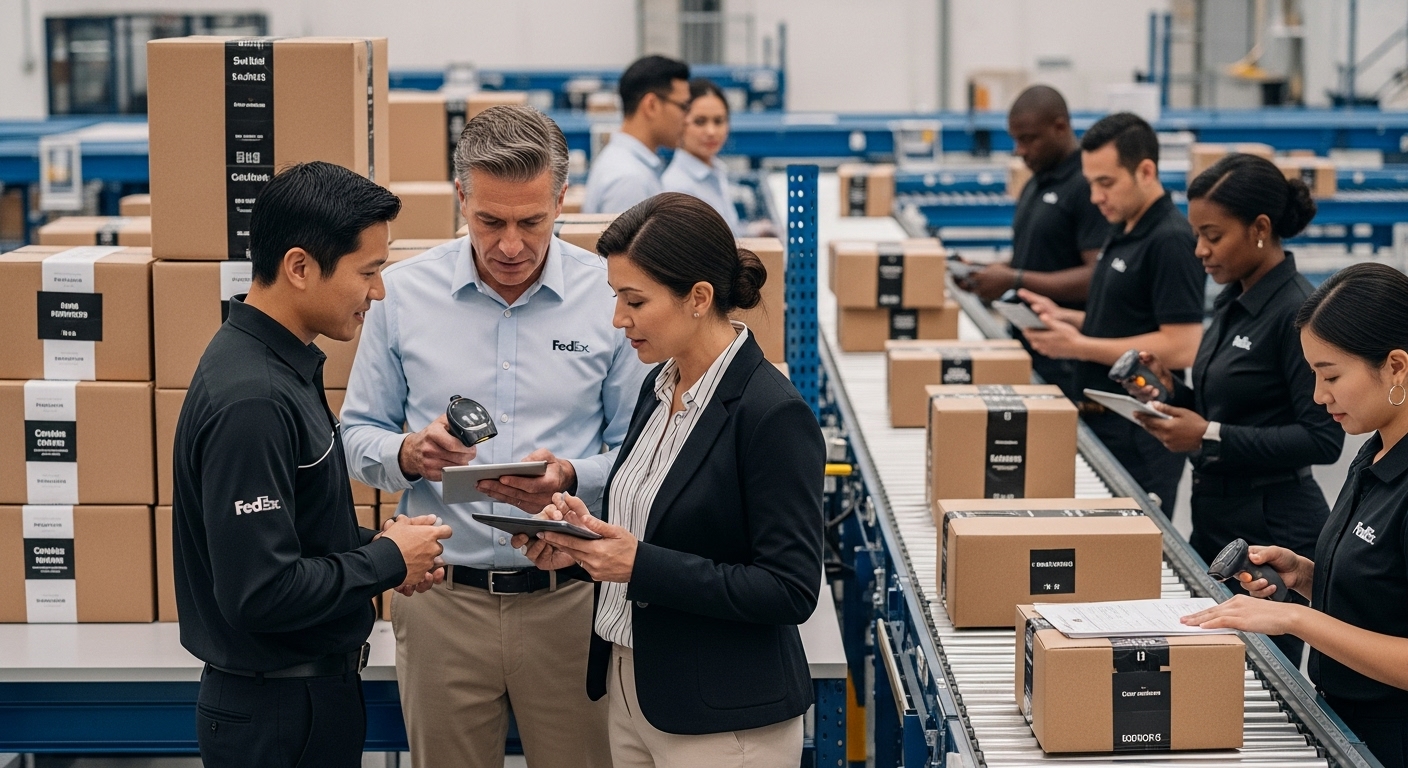 FedEx international shipping, global logistics, teamwork