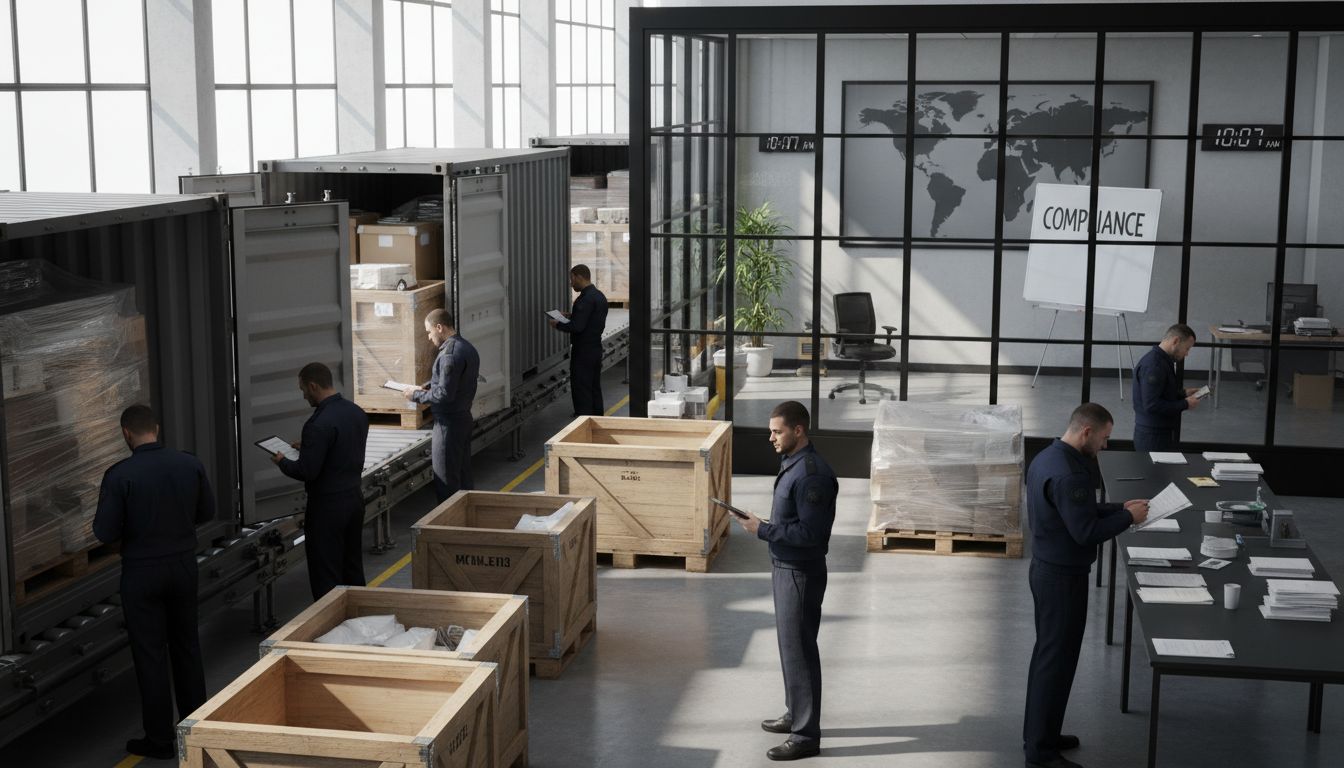 Officers examining shipments at customs checkpoint