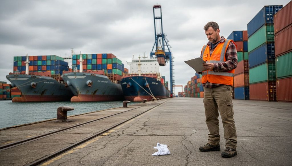 Dock worker at busy shipping port