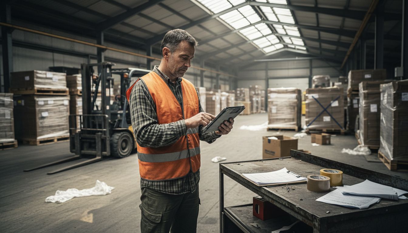Logistics manager checking tablet in warehouse