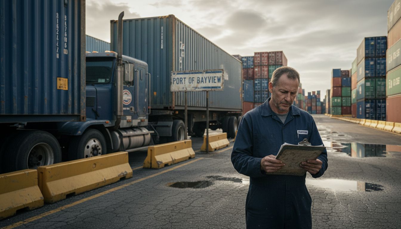 Truck driver beside drayage container at port