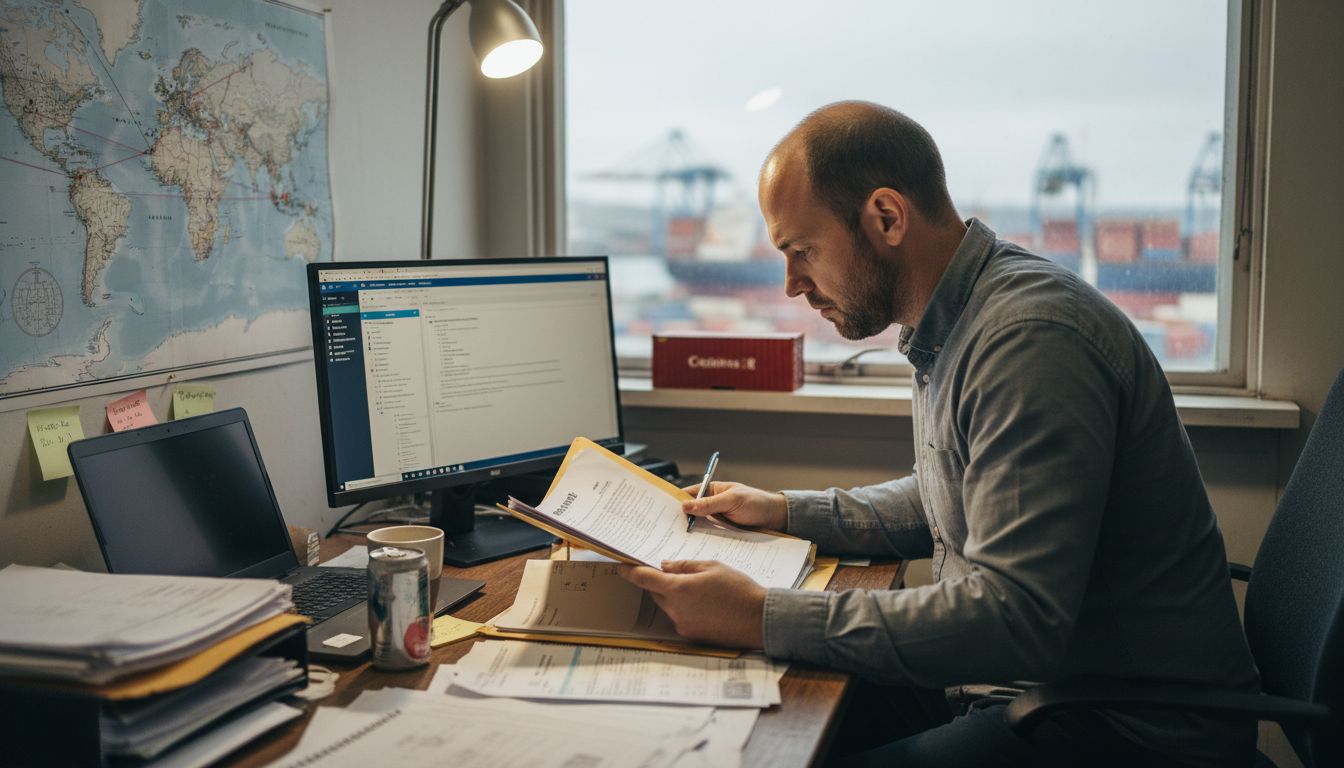 Freight forwarder reviewing shipment papers at office desk