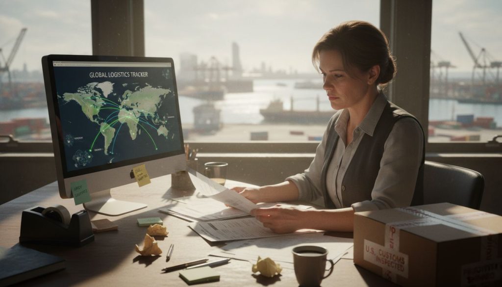 Logistics coordinator checking shipping documents in busy office