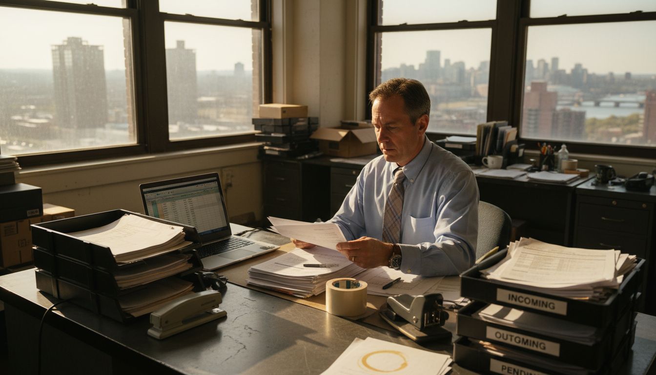 Shipping manager checks commercial invoices at desk