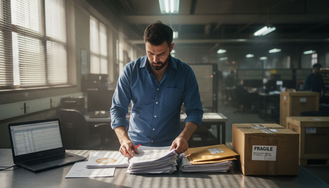 Shipping coordinator sorting customs paperwork