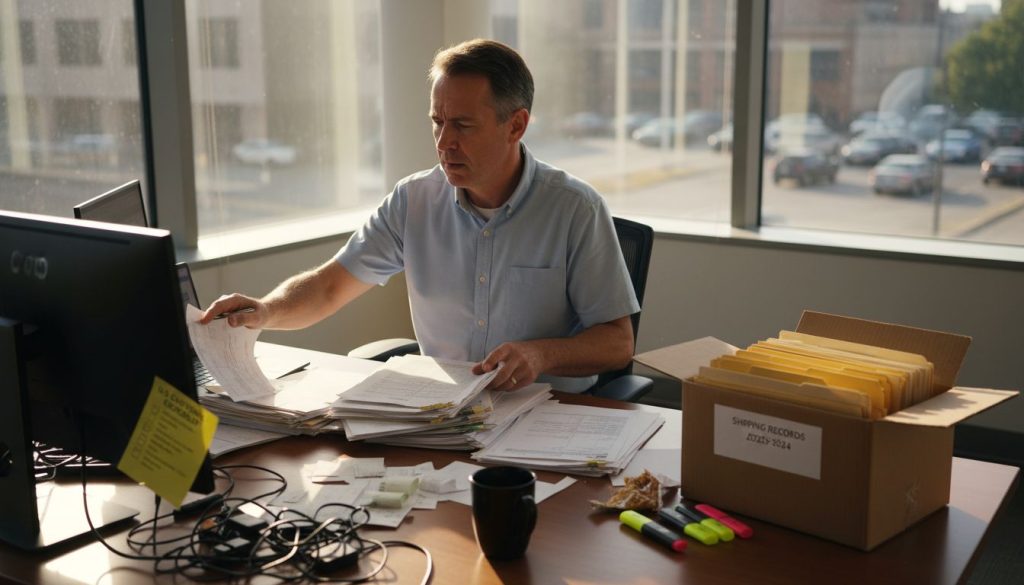 Logistics coordinator sorting customs paperwork