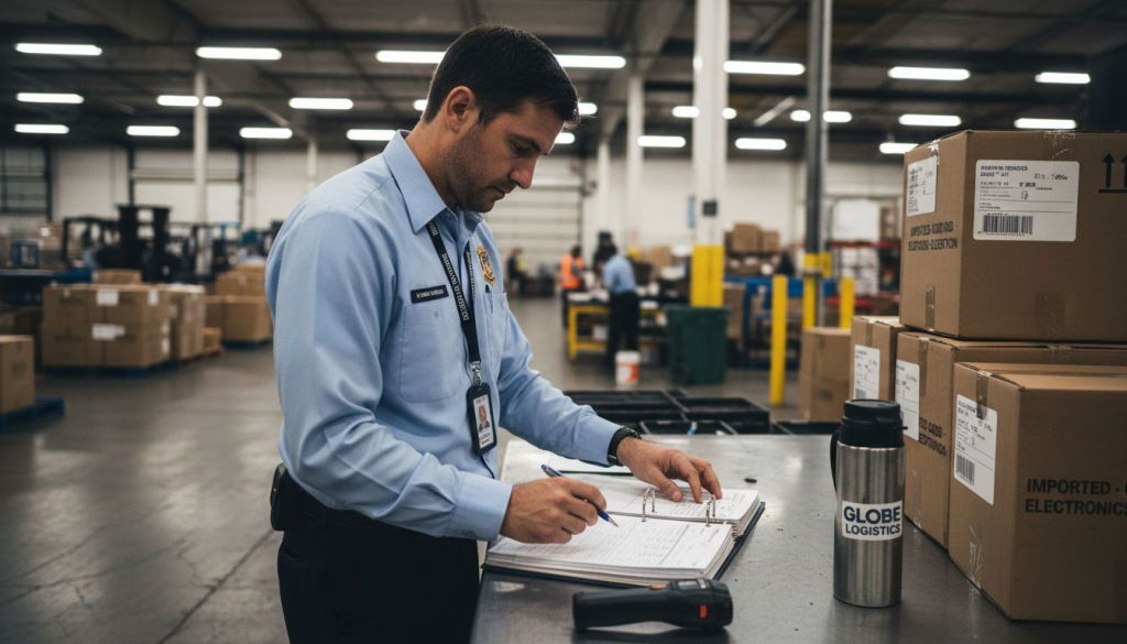 Customs officer checking paperwork on warehouse floor