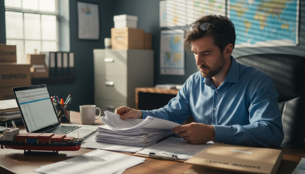 Logistics coordinator reviews bills of lading document stack