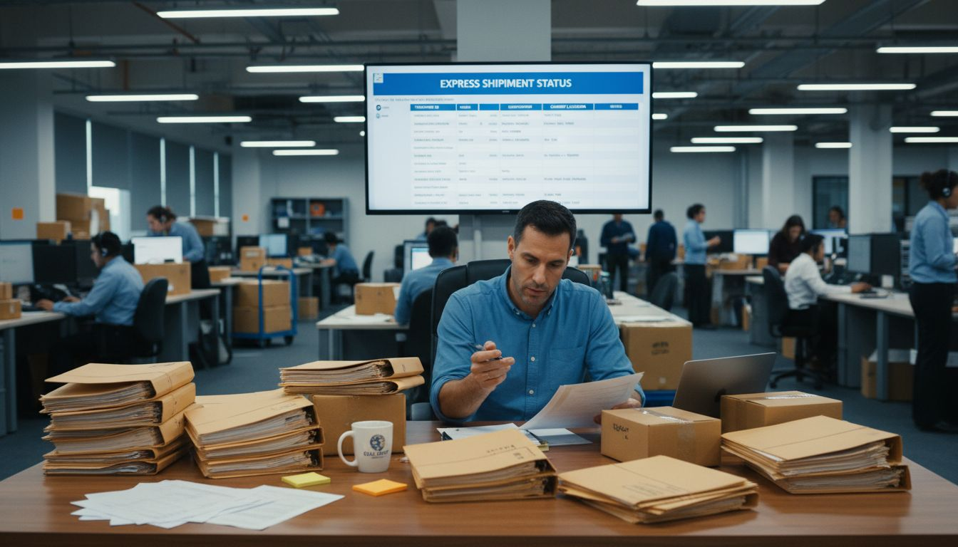 Shipping coordinator reviews global shipment paperwork at busy desk