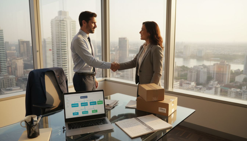 Logistics manager meeting supplier in office