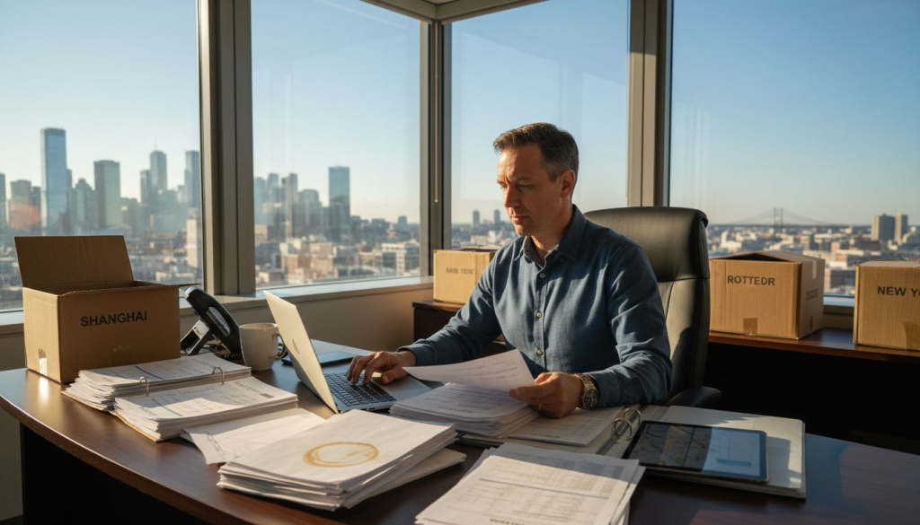 Logistics manager reviewing trade documents