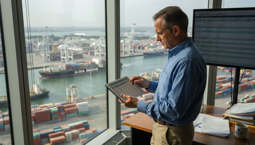 Manager reviewing shipping rates in office overlooking port