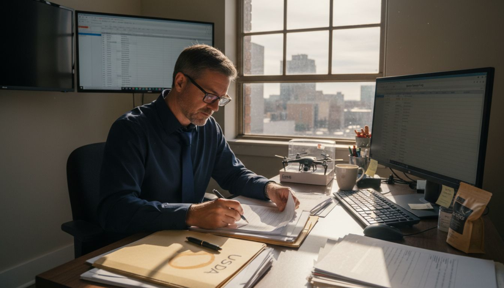 Manager reviewing import license paperwork