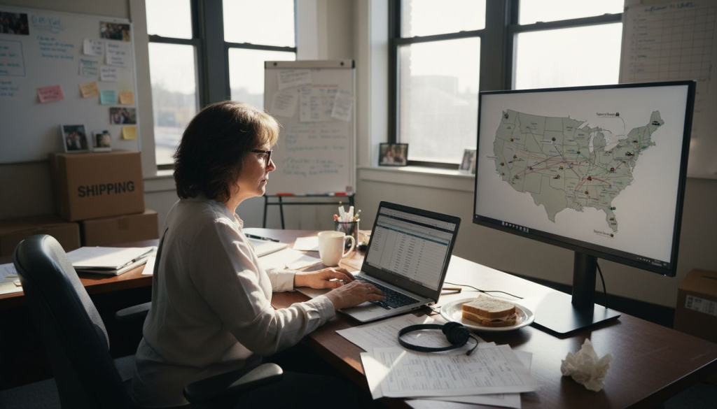 Logistics manager coordinating remote team in office