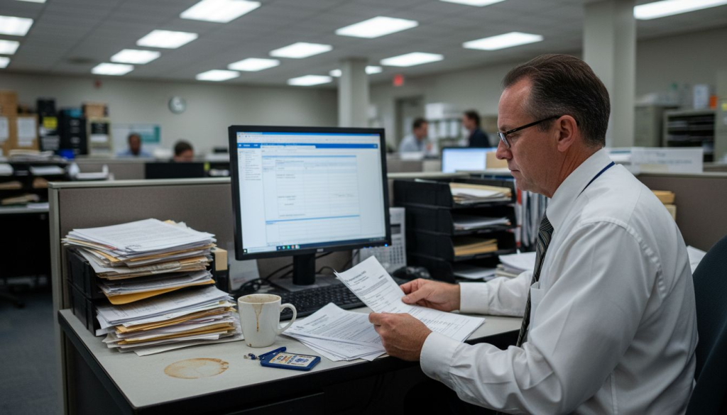 Customs broker reviewing Entry Summary 7501 paperwork