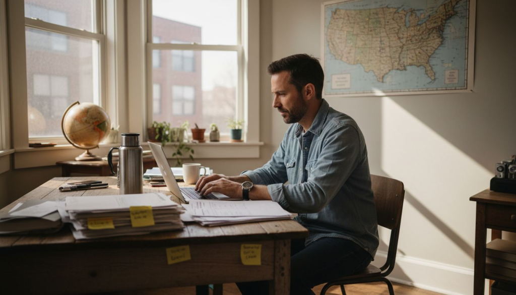 Business owner at desk with export paperwork