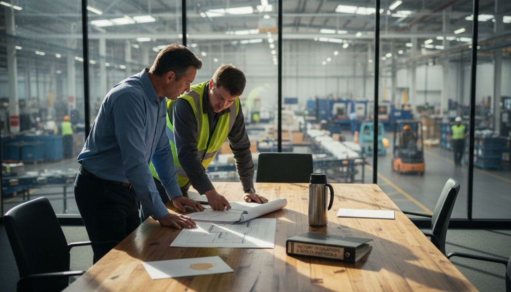 Manufacturing managers review supply chain paperwork