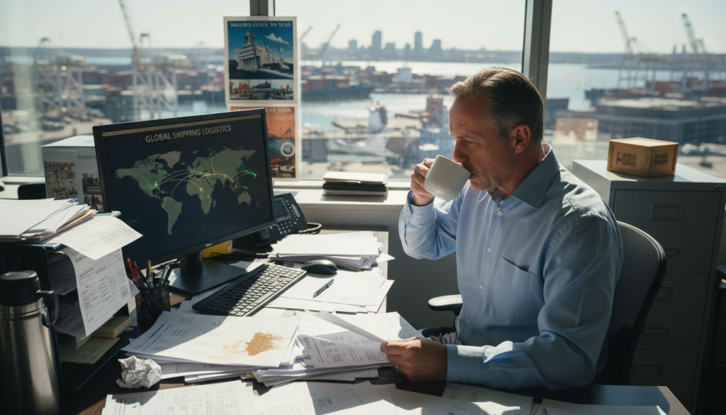 Logistics manager reviews shipping documents in city office