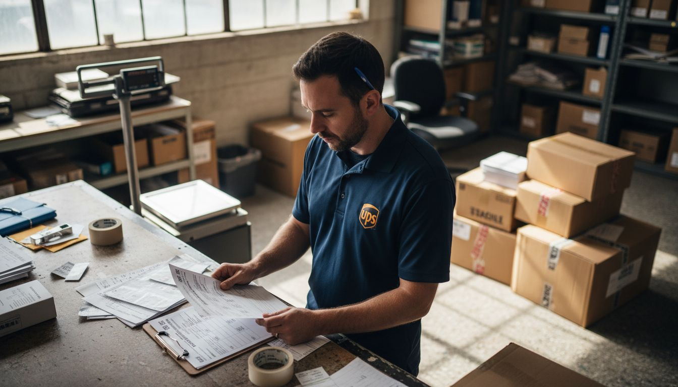 Manager reviewing UPS international shipping forms