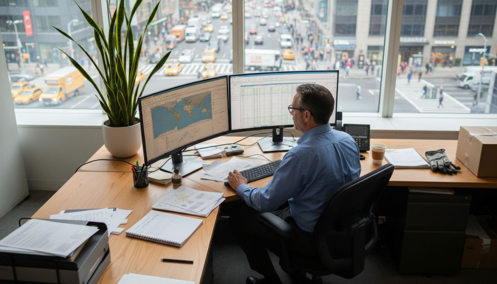 Logistics manager views digital dashboard at desk