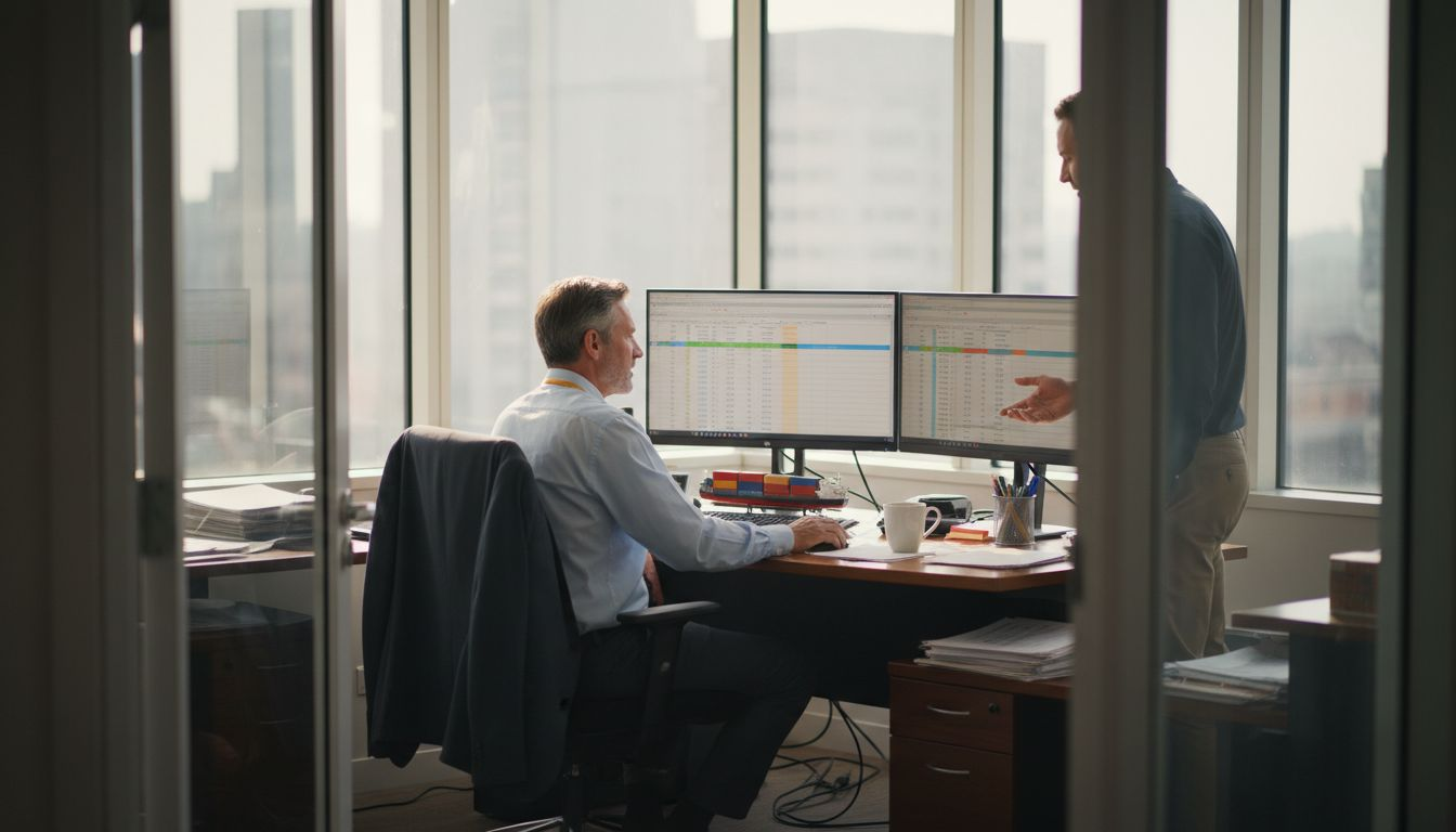 Logistics manager reviews shipment data with coworker