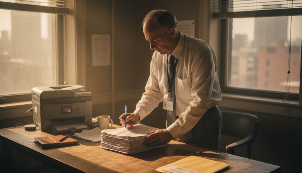 Manager reviewing customs paperwork in corner office