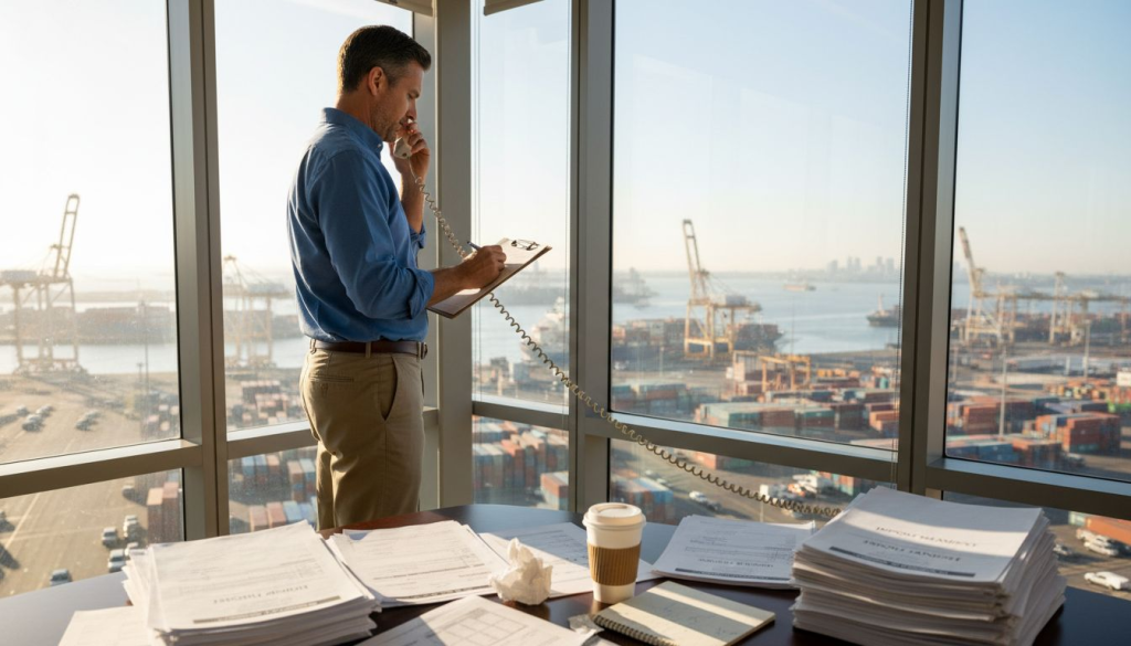 Import manager phone call overlooking shipping port
