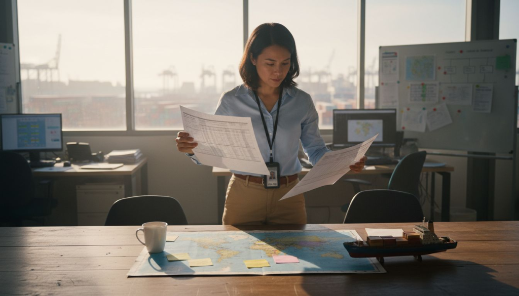 Logistics manager reviewing shipping documents in port office