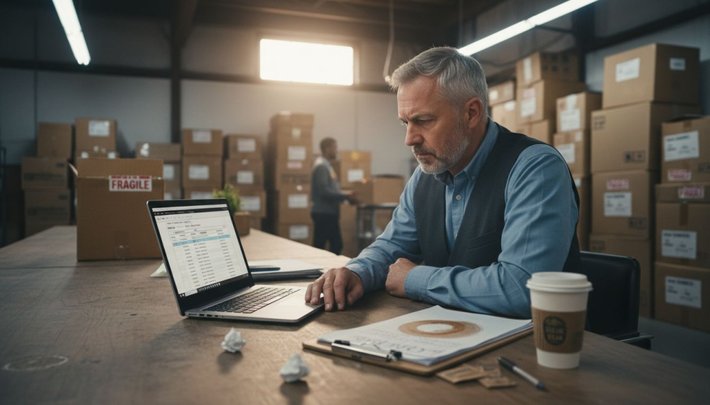 Shipping manager reviewing EMS rate invoices at desk