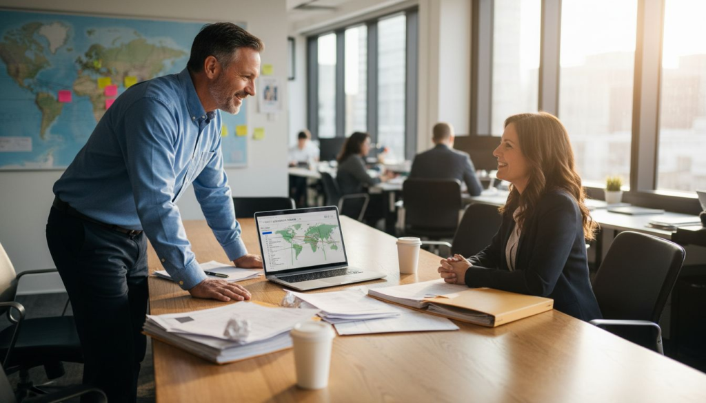 Logistics manager meeting with customer in office