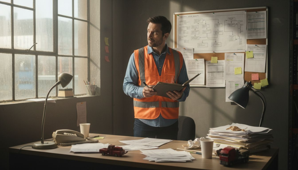 Logistics manager reviewing cash flow paperwork