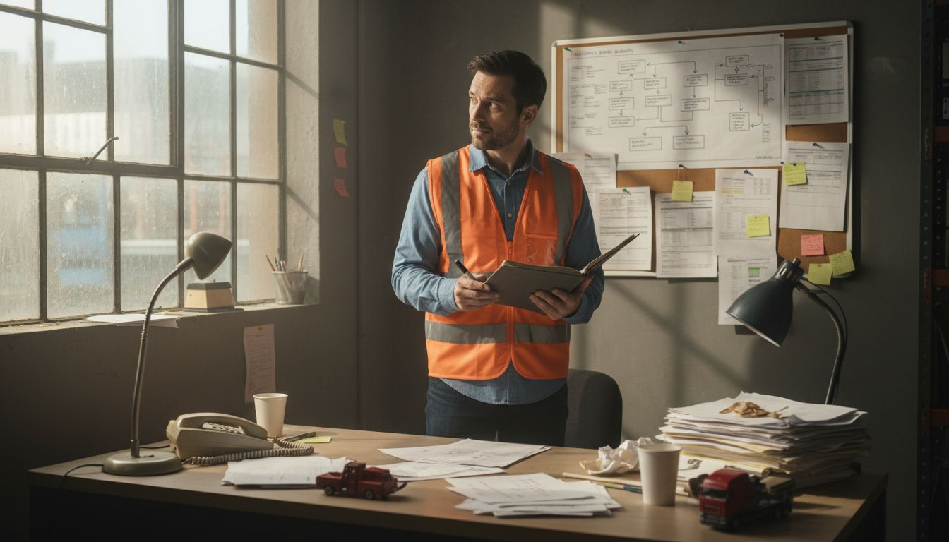 Logistics manager reviewing cash flow paperwork