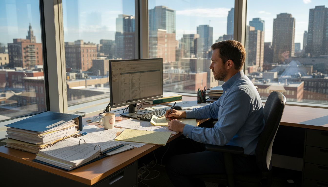 Customs broker reviewing shipment documents at desk