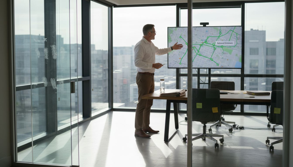 Manager in corner office shows green logistics plan