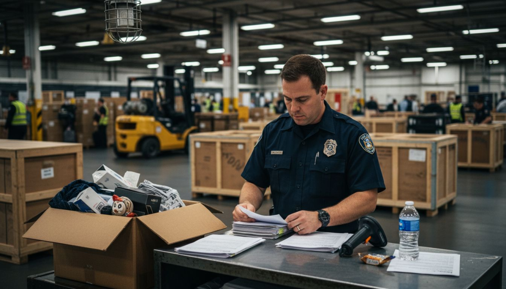 Customs officer inspects imported goods shipment