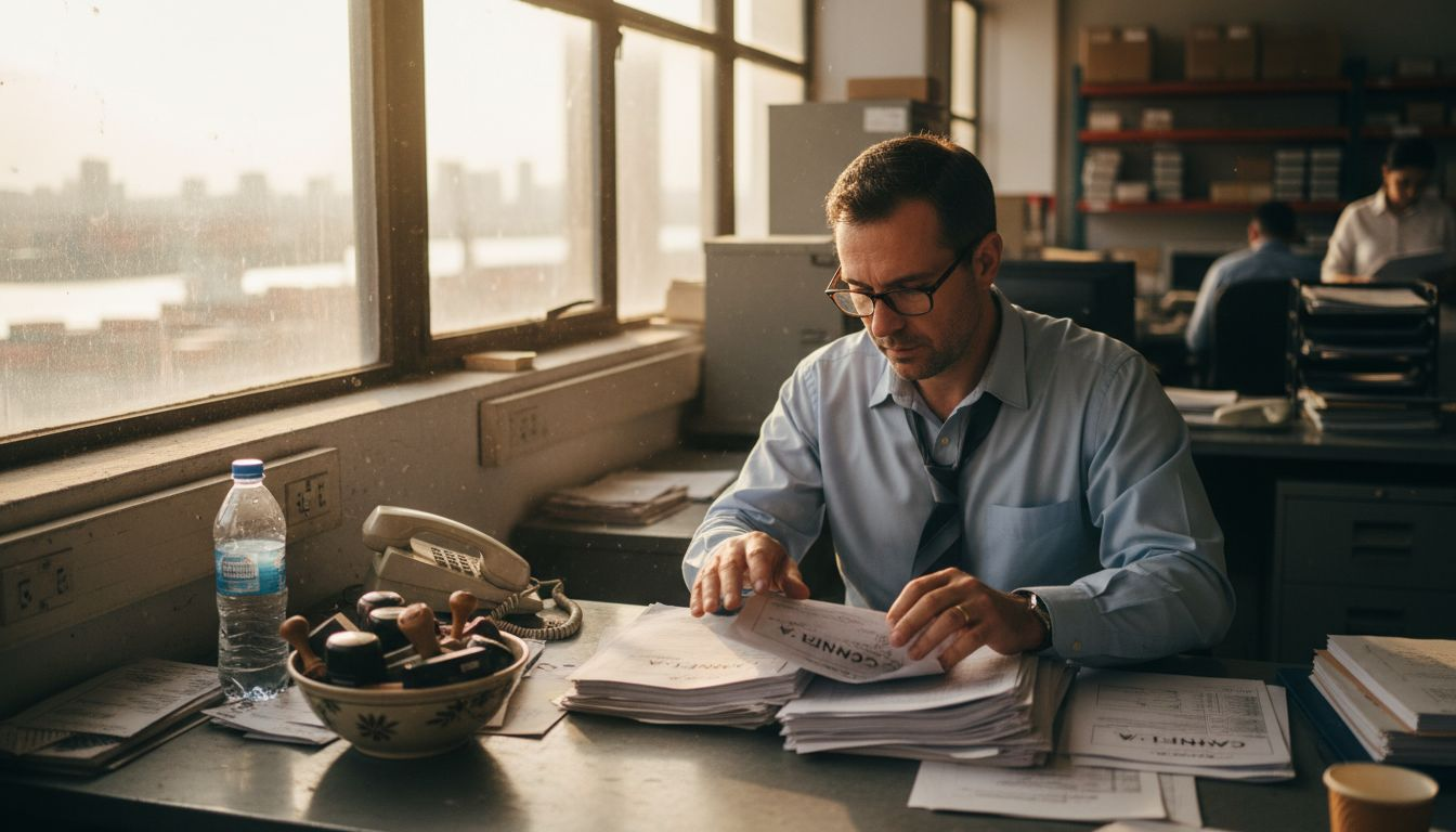 Shipping manager reviewing carnet paperwork