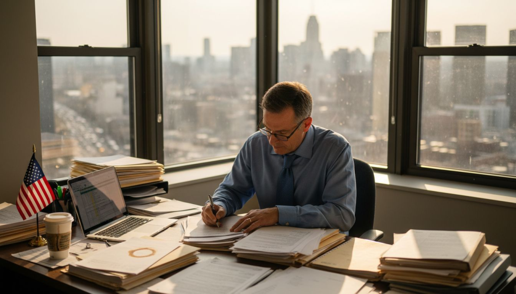 Customs broker reviewing import paperwork at desk