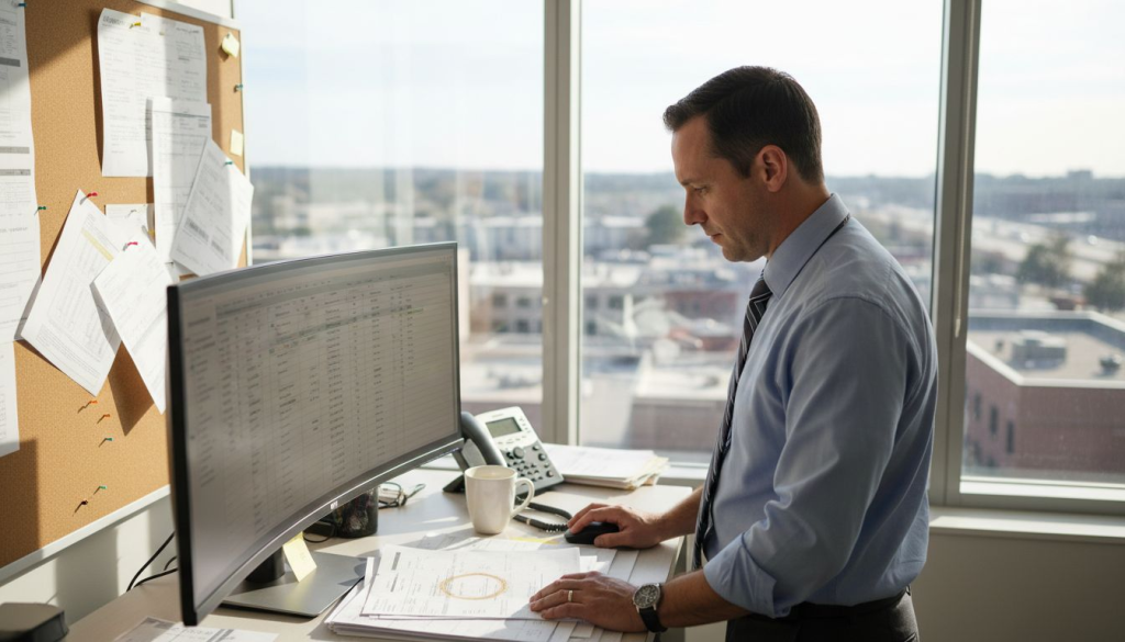 Freight broker agent at cluttered office desk