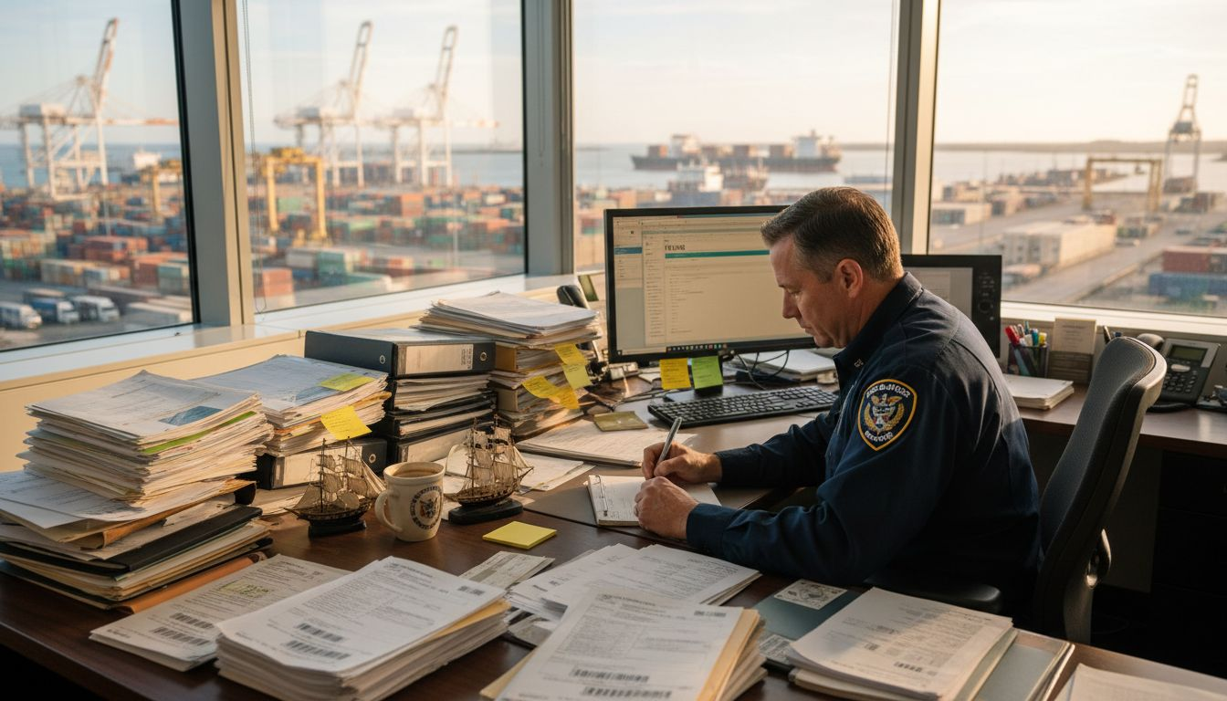Customs officer reviewing import documents at desk