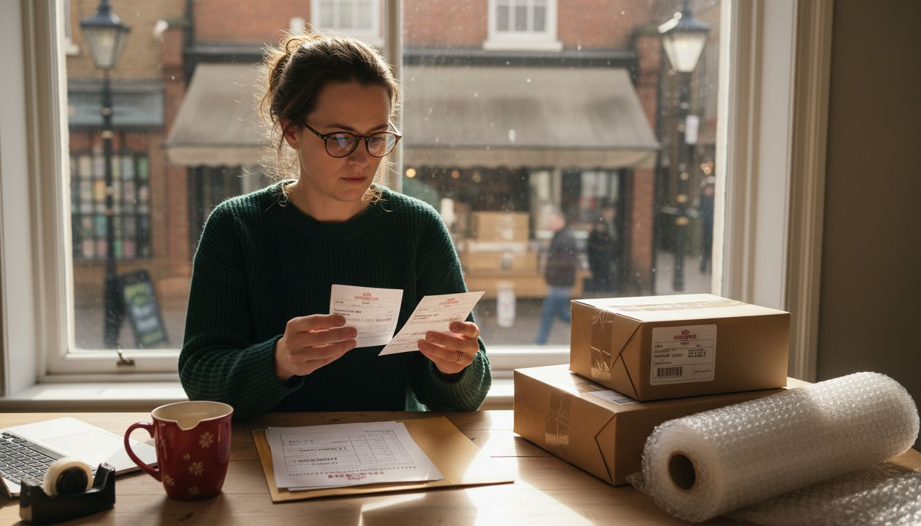 Small business owner preparing Royal Mail shipments