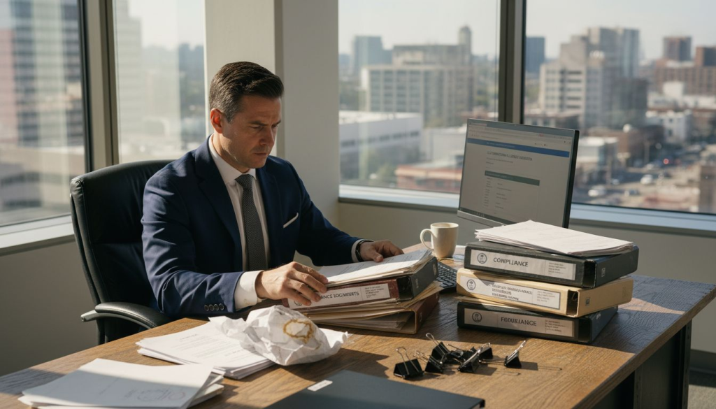 Freight manager reviews certification documents