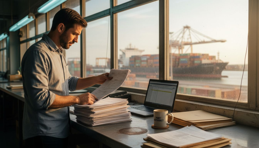 Manager checking bill of lading documents at port