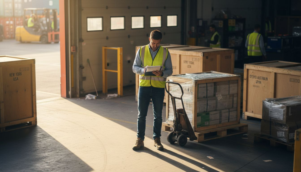Logistics manager in busy warehouse with cargo paperwork