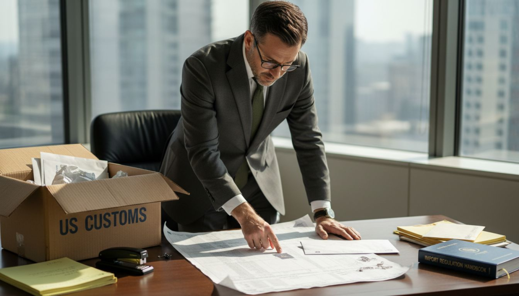 Customs attorney reviews import documents in office