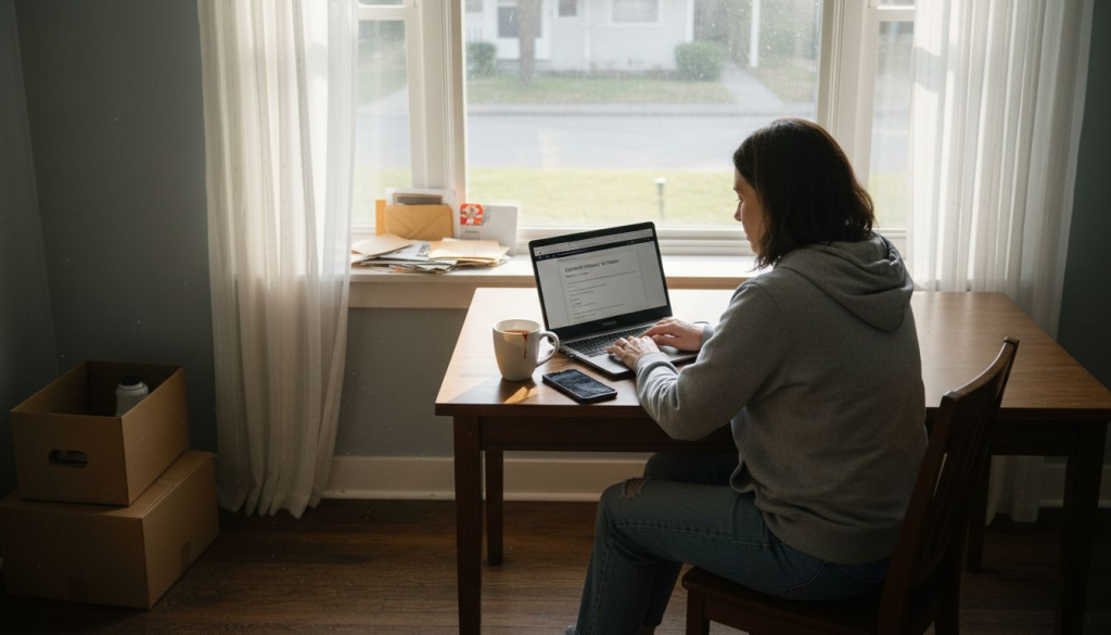 Woman tracking package at home workspace