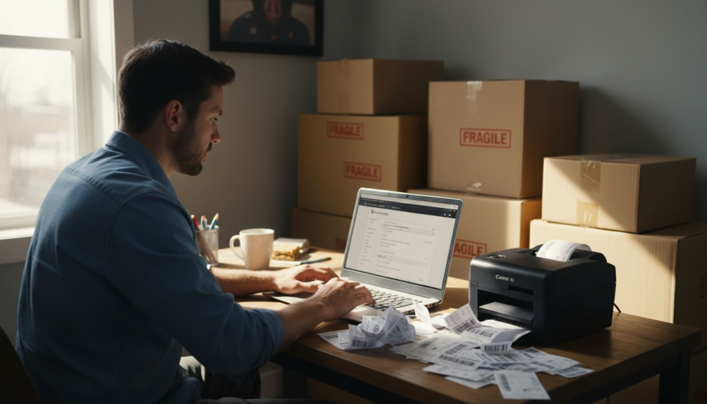 WooCommerce store owner organizing shipping workspace