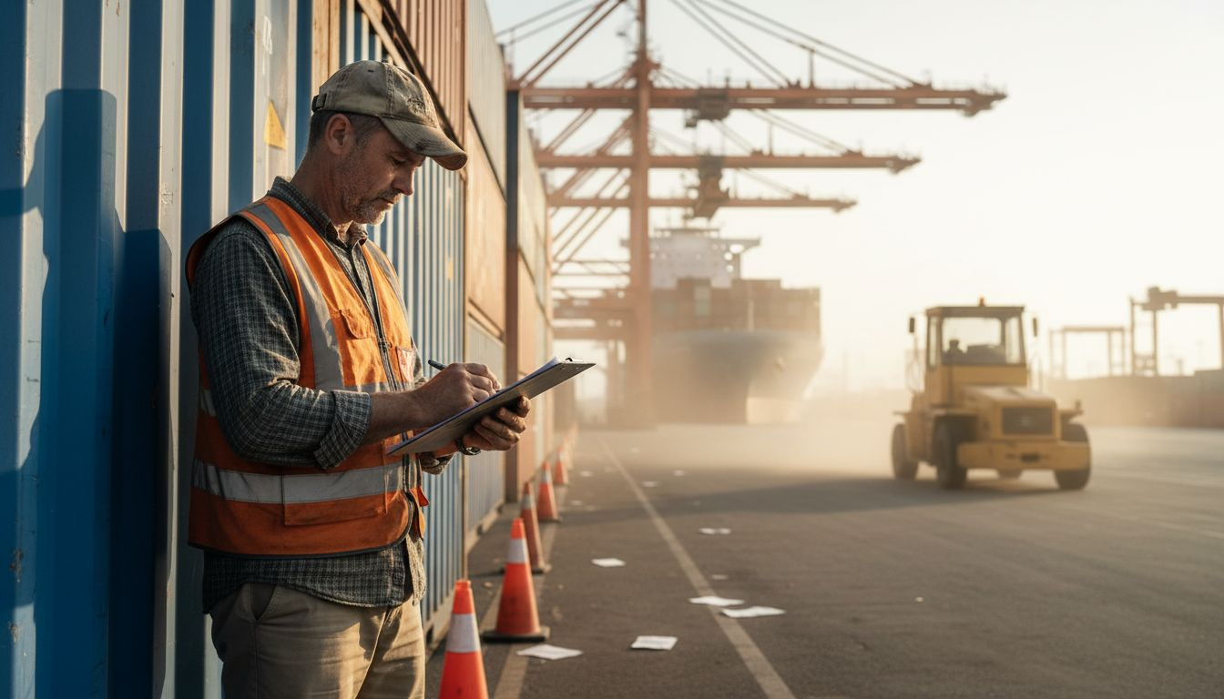 Cargo manager reviews documents at port terminal