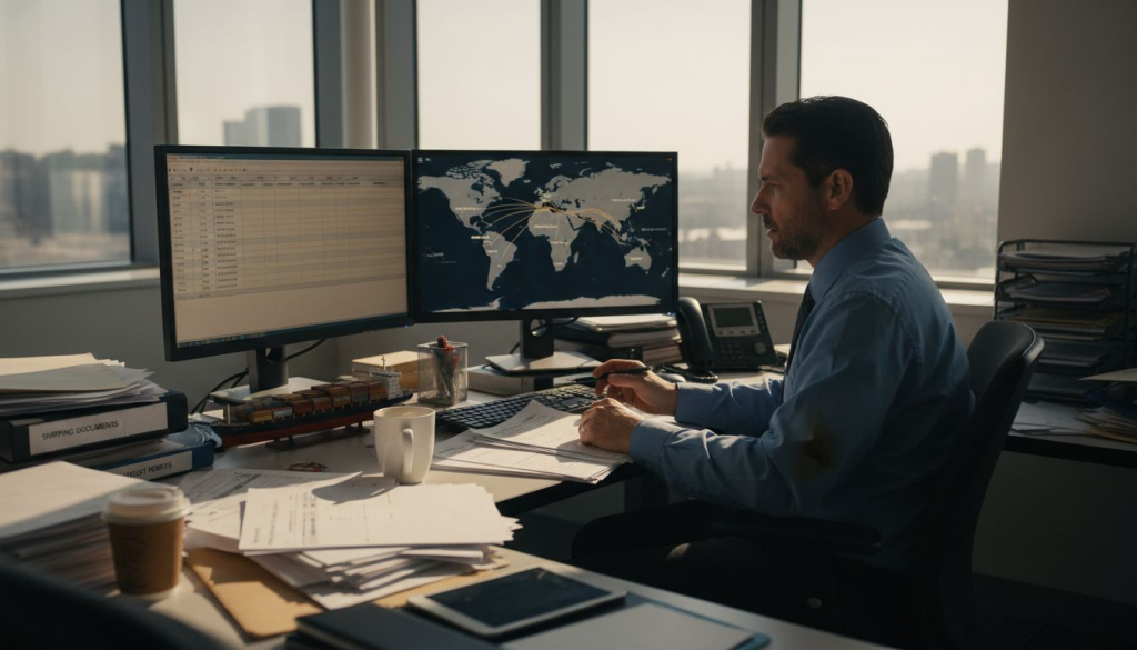 Import manager reviews freight documents in office